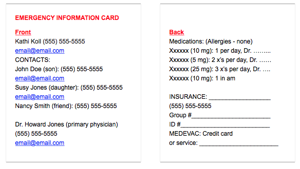 Kathi Koll Foundation - Emergency Information Card Kathi Koll Foundation - Emergency Information Card