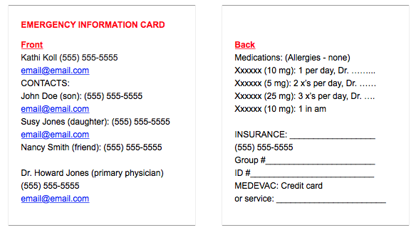 Kathi Koll Foundation - Emergency Information Card